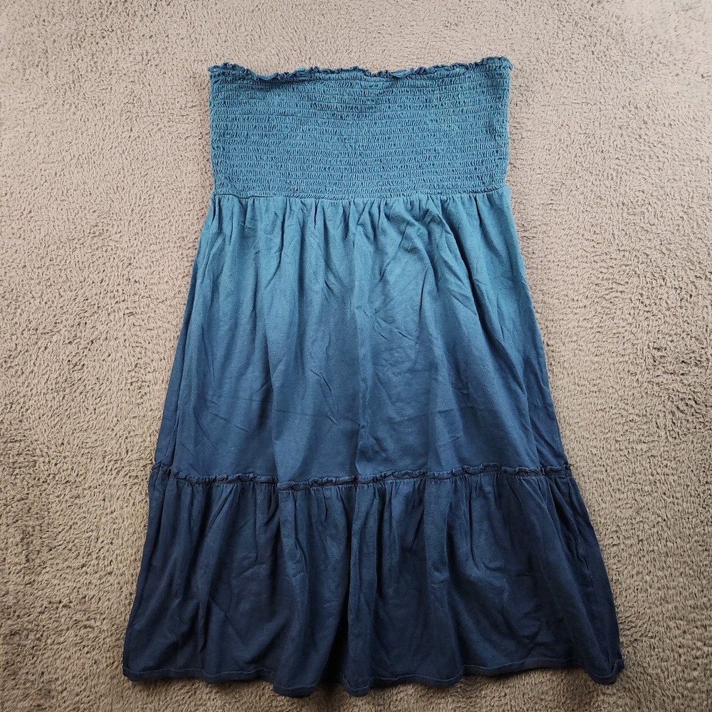 Y2K Smocked Strapless Mini Dress Womens Medium Boho Blue Ombre Tiered Sundress